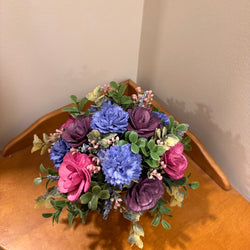 Pink, Blue and Purple Sola Wood Flowers in a brown cup - view 2