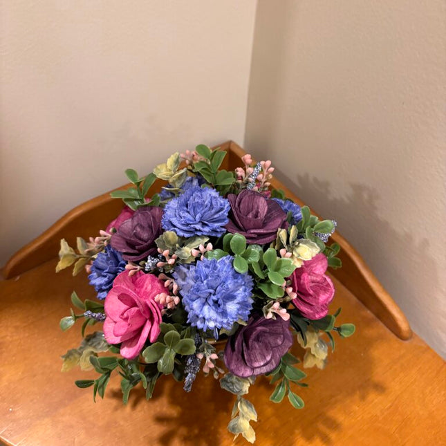 Pink, Blue and Purple Sola Wood Flowers in a brown cup