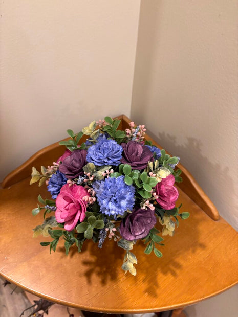 Pink, Blue and Purple Sola Wood Flowers in a brown cup