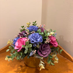 Pink, Blue and Purple Sola Wood Flowers in a brown cup - view 1