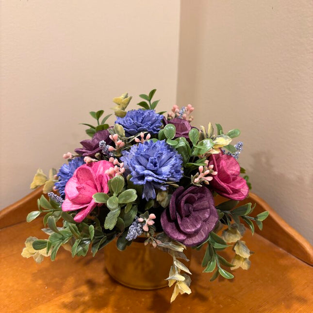 Pink, Blue and Purple Sola Wood Flowers in a brown cup