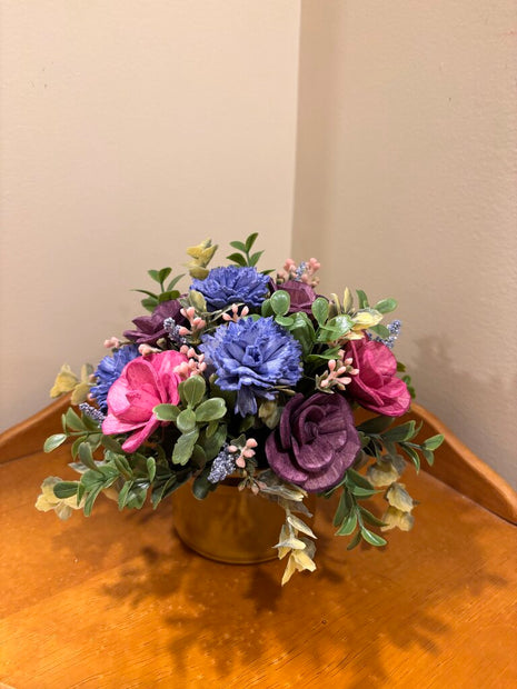 Pink, Blue and Purple Sola Wood Flowers in a brown cup