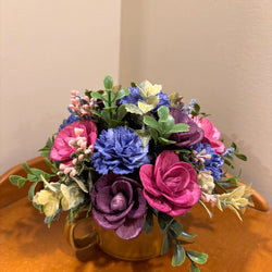 Pink, Blue and Purple Sola Wood Flowers in a brown cup - view 3
