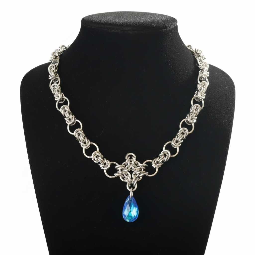Stainless Steel Byzantine Diamond and Byzantine Links Necklace with Blue Crystal Tear Drop, 14-18 inches