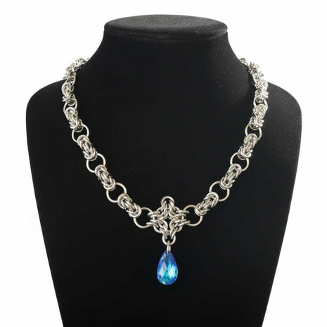 Stainless Steel Byzantine Diamond and Byzantine Links Necklace with Blue Crystal Tear Drop, 14-18 inches