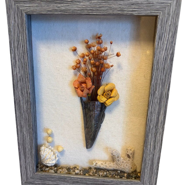 Pen shell vase in shadow box w/coral