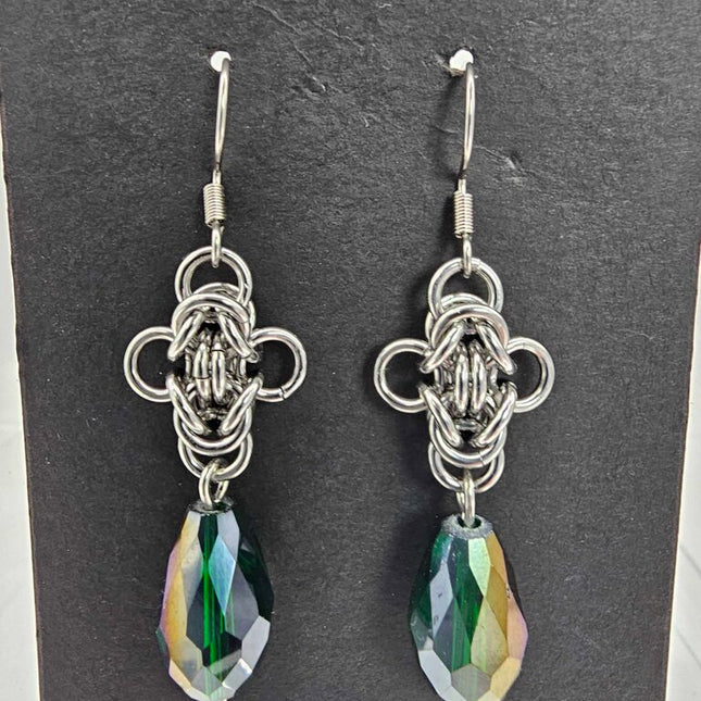 Stainless Steel Byzantine Earrings with Green Crystal Drop, Surgical Steel Ear Wires