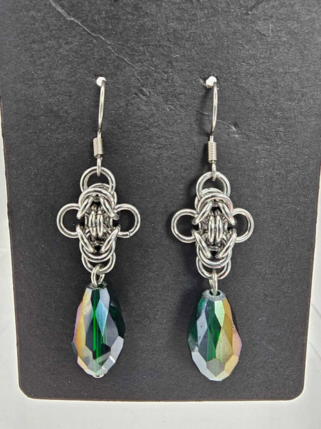 Stainless Steel Byzantine Earrings with Green Crystal Drop, Surgical Steel Ear Wires