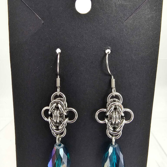 Stainless Steel Byzantine Earrings with Blue Crystal Drop, Surgical Steel Ear Wires