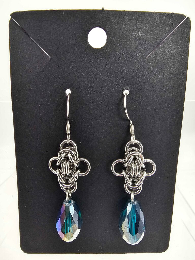 Stainless Steel Byzantine Earrings with Blue Crystal Drop, Surgical Steel Ear Wires