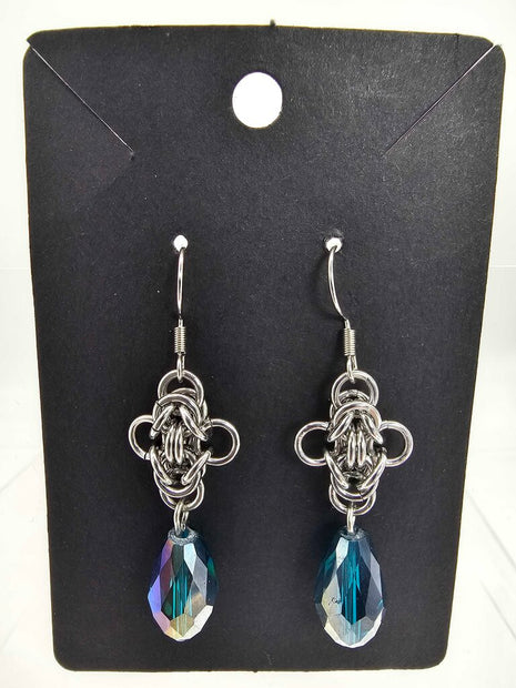 Stainless Steel Byzantine Earrings with Blue Crystal Drop, Surgical Steel Ear Wires