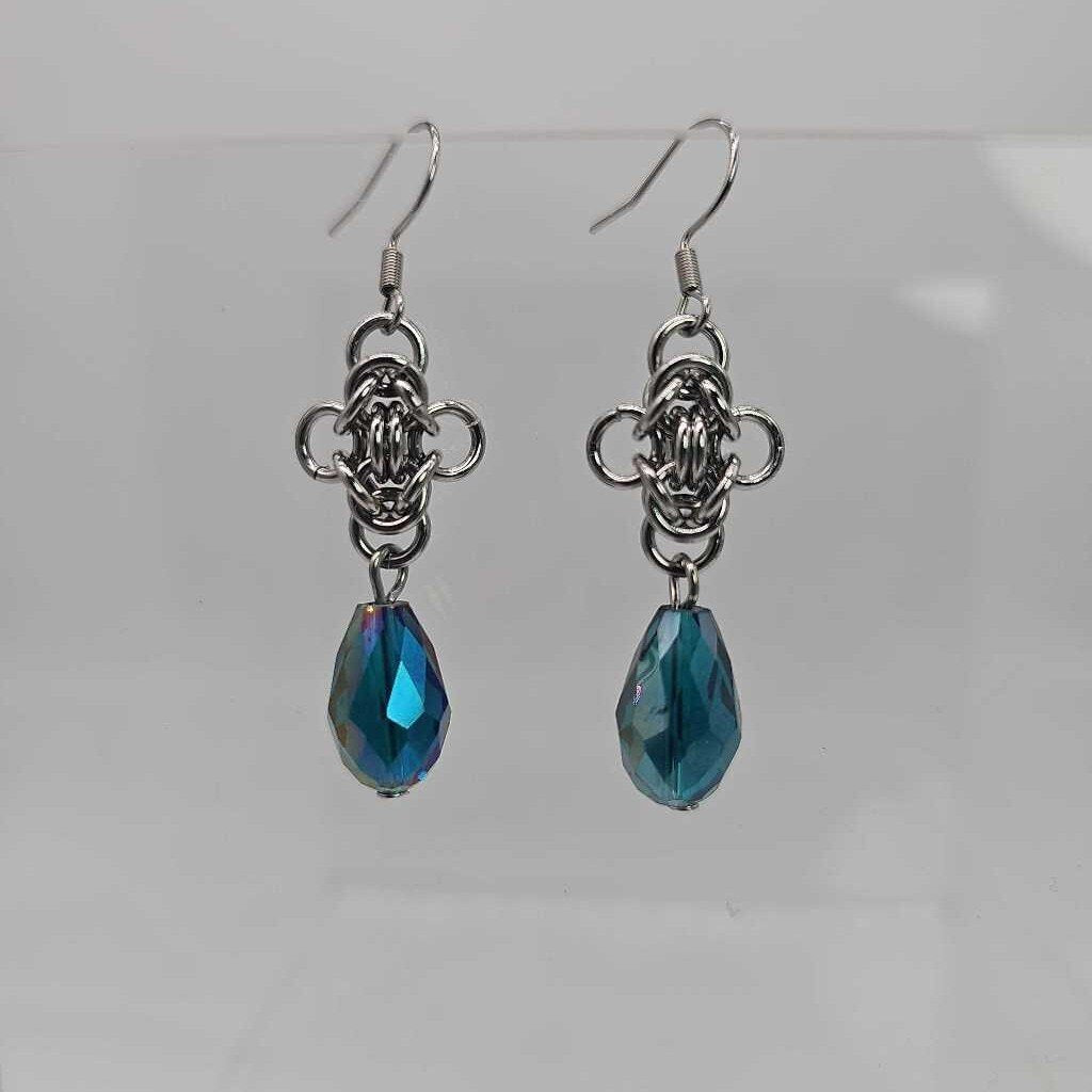 Stainless Steel Byzantine Earrings with Blue Crystal Drop, Surgical Steel Ear Wires