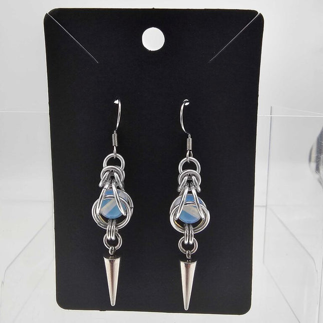 Silver Captured Opalite with Stainless Steel Spike, Surgical Steel Ear Wires