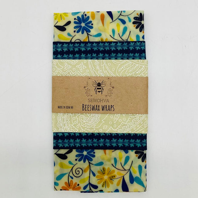 Beeswax Wraps 3 Pack, Blue and Yellow Flowers