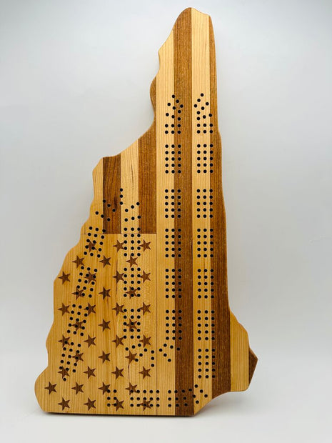 NH Cribbage Board with USA Flag Cherry