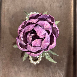 Wrist Corsage with a Purple Sola Wood Flower on a pearl bracelet - view 2