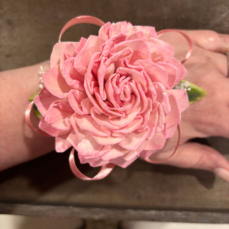 Wrist Corsage with Pearl Bracelet and Pink Sola Wood Flowers