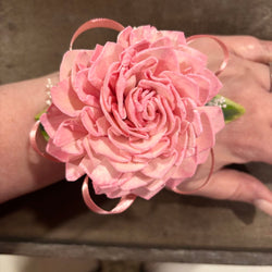 Wrist Corsage with Pearl Bracelet and Pink Sola Wood Flowers - view 2