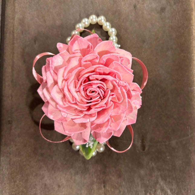 Wrist Corsage with Pearl Bracelet and Pink Sola Wood Flowers