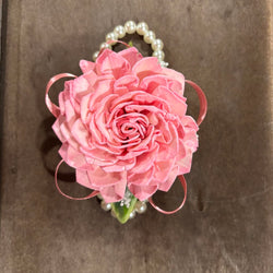 Wrist Corsage with Pearl Bracelet and Pink Sola Wood Flowers - view 1