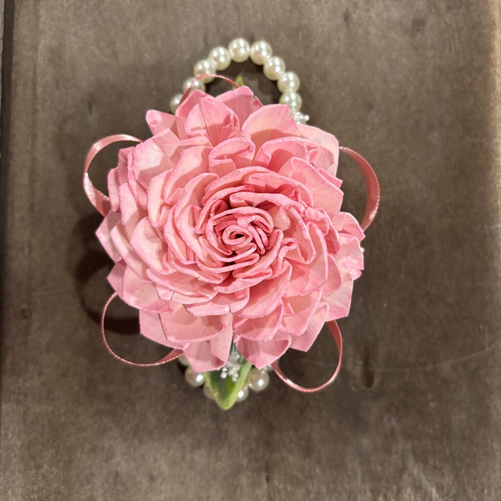 Wrist Corsage with Pearl Bracelet and Pink Sola Wood Flowers