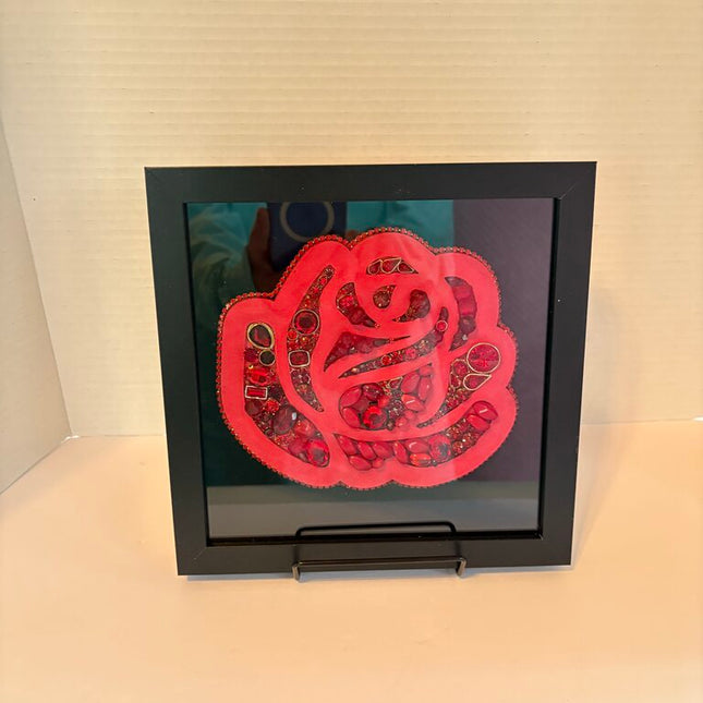 RED ROSE in 8x8 black sb painted and filled in w/red rhinestone jewelry