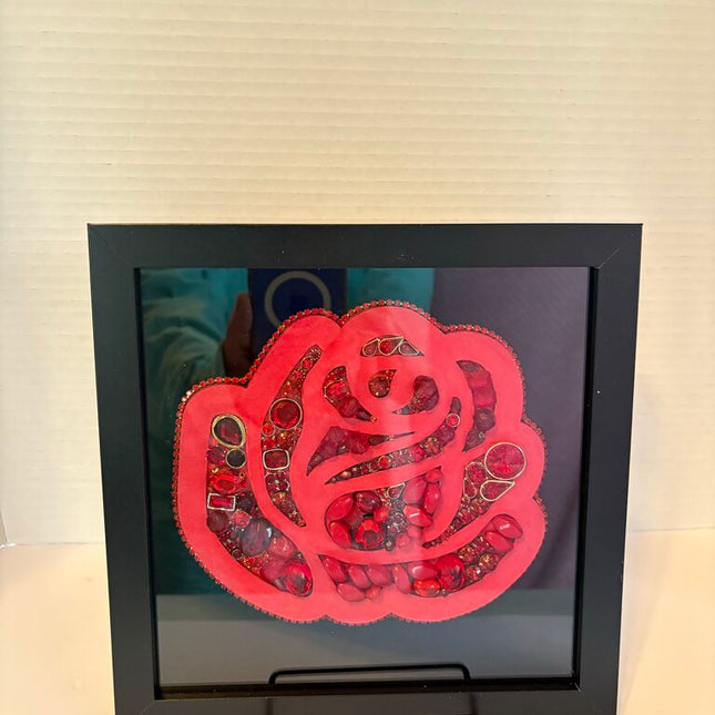 RED ROSE in 8x8 black sb painted and filled in w/red rhinestone jewelry