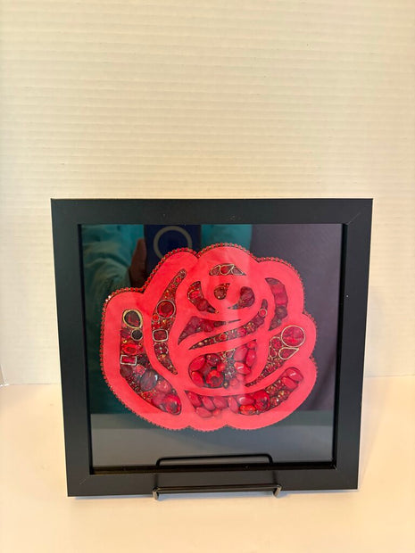 RED ROSE in 8x8 black sb painted and filled in w/red rhinestone jewelry