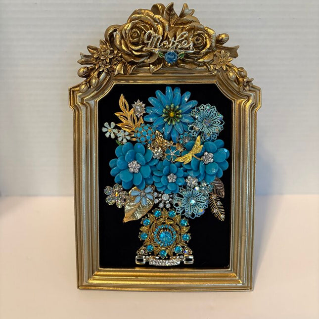 GOLD ROSE 5X7 FRAMEw/ DESIGN of VTG AQUA & GOLD FLOWERS,LEAVES & JEWELRY & MOTHER