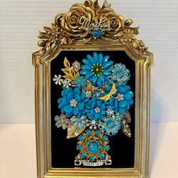 GOLD ROSE 5X7 FRAMEw/ DESIGN of VTG AQUA & GOLD FLOWERS,LEAVES & JEWELRY & MOTHER - view 1