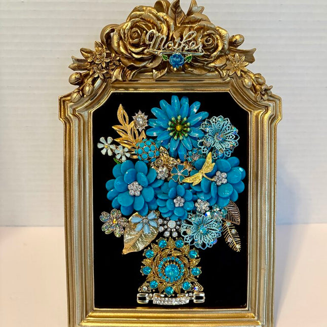 GOLD ROSE 5X7 FRAMEw/ DESIGN of VTG AQUA & GOLD FLOWERS,LEAVES & JEWELRY & MOTHER