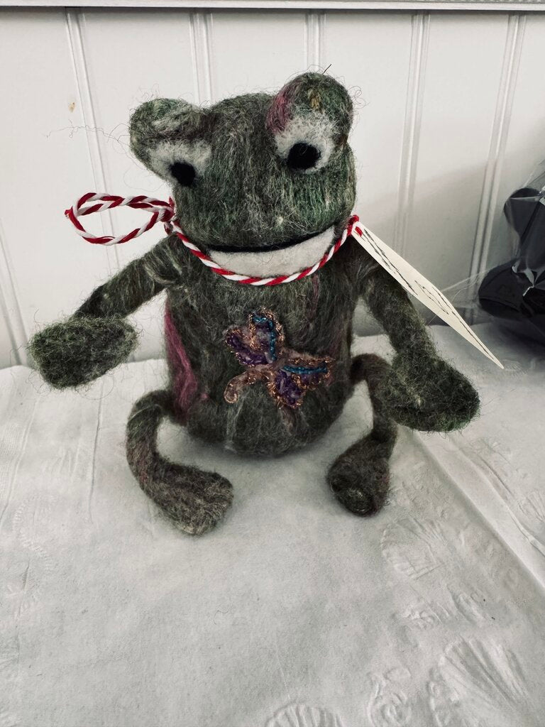 Felted frog with dragonfly on belly
