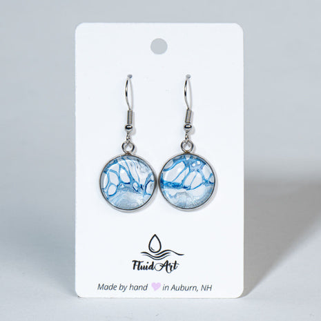 Round Fluid Art Drop Earrings - Blue, White in Silver