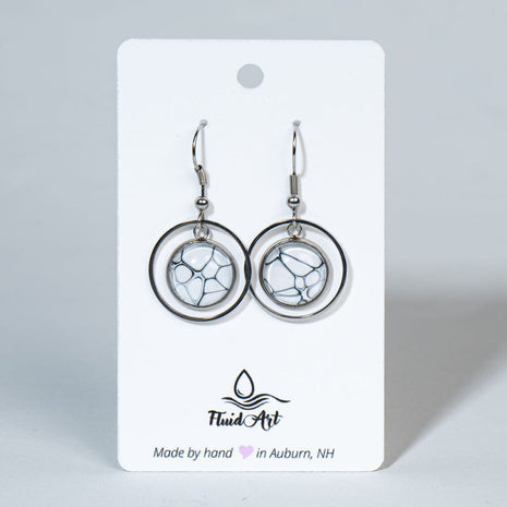 Drop Earrings - Round Frames - Blue, White on Silver