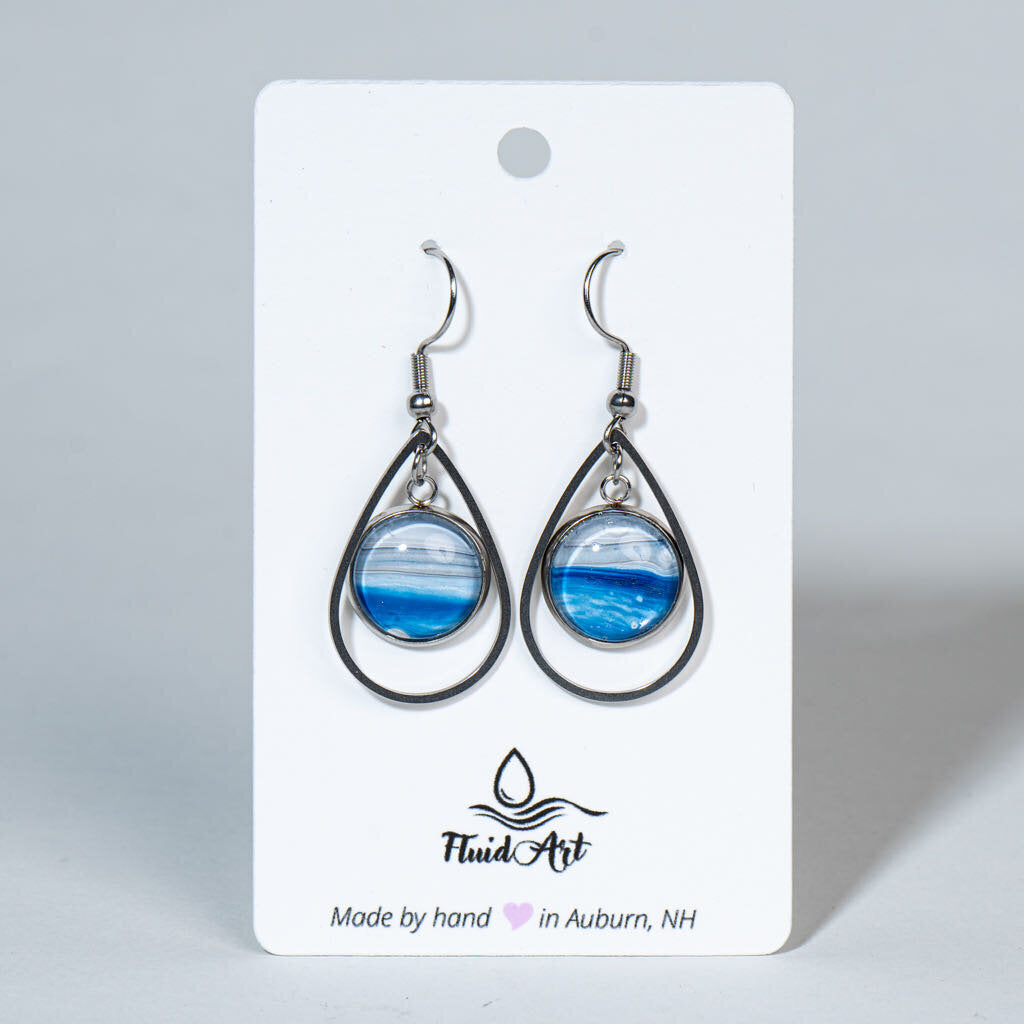 Drop Earrings - Layered Geometric Drop - Blue, White on Silver