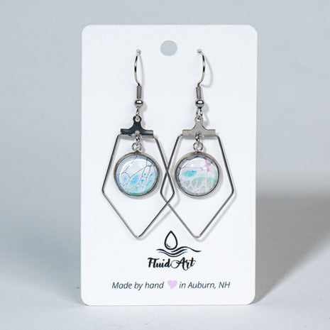 Drop Earrings - Layered Geometric Shape - White, Green