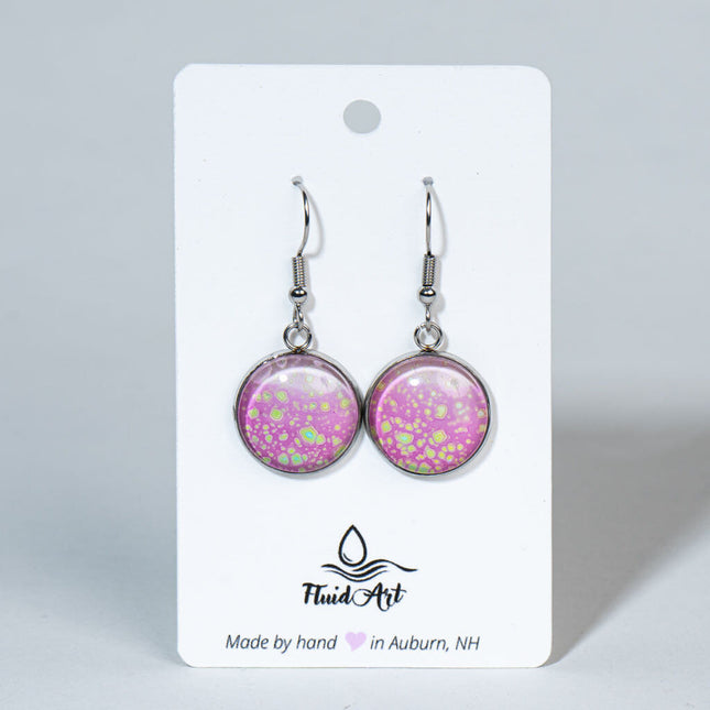Round Fluid Art Drop Earrings - Pink, Green on Silver