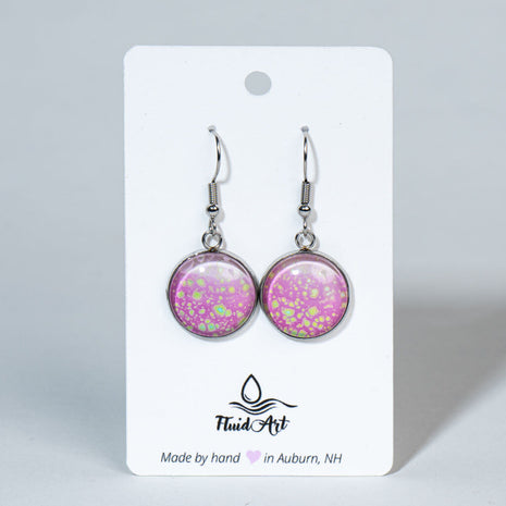 Round Fluid Art Drop Earrings - Pink, Green on Silver