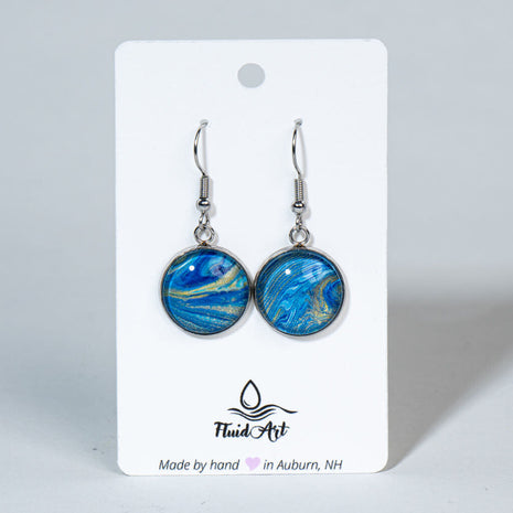 Round Fluid Art Drop Earrings - Blue & Gold on Silver
