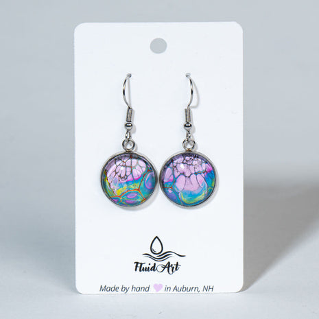 Round Fluid Art Drop Earrings - Lavender, blue on Silver