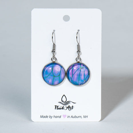 Round Fluid Art Drop Earrings - Blue and lavender cells