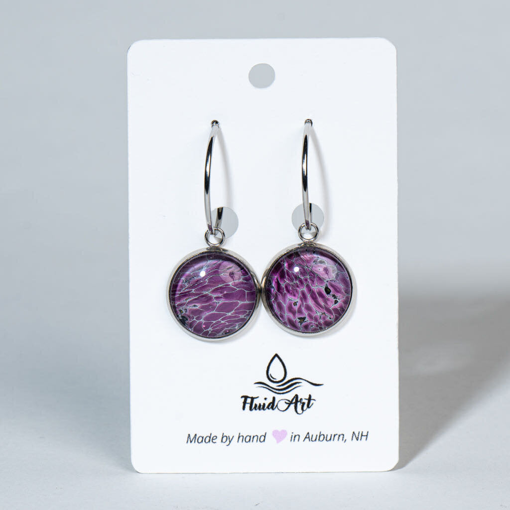 Fluid Art Drop Earrings - Handcrafted Wearable Art - Maroon & lavender