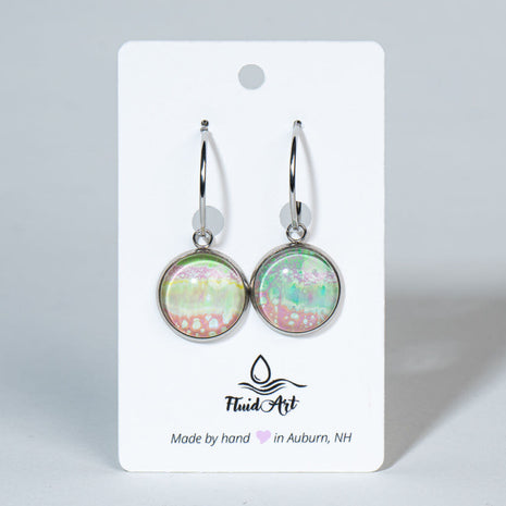 Fluid Art Drop Earrings - Handcrafted Wearable Art - Lime green, pink, orange