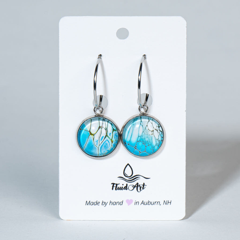 Fluid Art Drop Earrings - Handcrafted Wearable Art - White and Cyan cells
