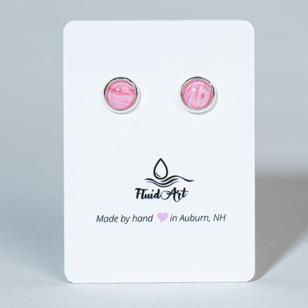 Petite Fluid Art Stud Earrings - Pink & white on silver