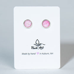 Petite Fluid Art Stud Earrings - Pink & white on silver - view 2