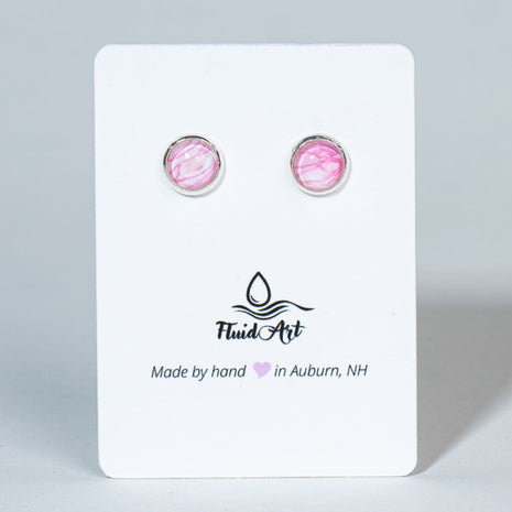 Petite Fluid Art Stud Earrings - Pink & white on silver