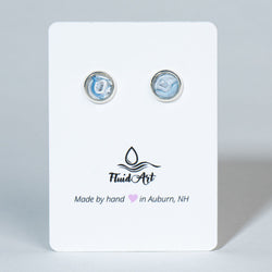 Petite Fluid Art Stud Earrings - white & blue on silver - view 1