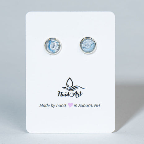 Petite Fluid Art Stud Earrings - white & blue on silver