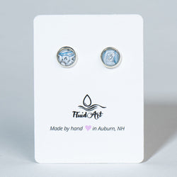 Petite Fluid Art Stud Earrings - white & blue on silver - view 3